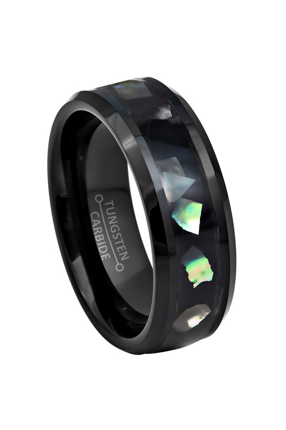 Men's Black Tungsten Carbide Wedding Band – Abalone Shell Inlay, Beveled Edge, 8mm Comfort Fit Ring size 9.5