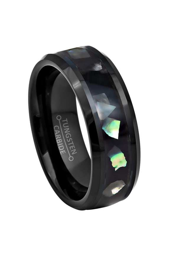 Men's Black Tungsten Carbide Wedding Band – Abalone Shell Inlay, Beveled Edge, 8mm Comfort Fit Ring size 9