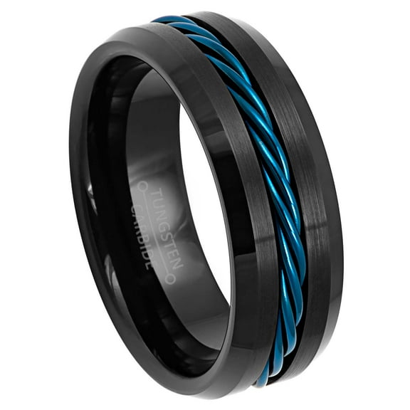 8mm Mens Black Tungsten Wedding Band, Blue Rope Inlay, Beveled Edge Engagement Ring - TN917WAs8