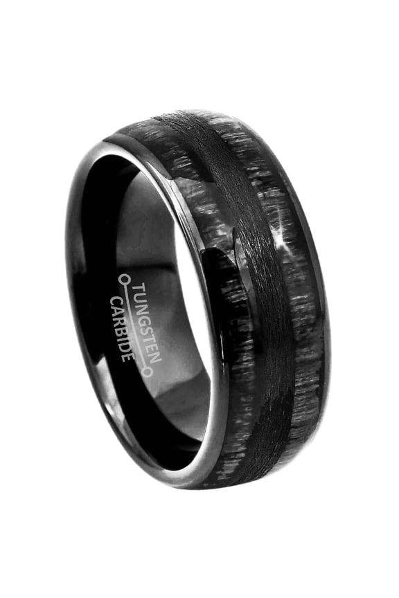 8mm Mens Black Tungsten Wedding Band, Charcoal Wood Inlay, Dome Engagement Ring - TN1004WAs12