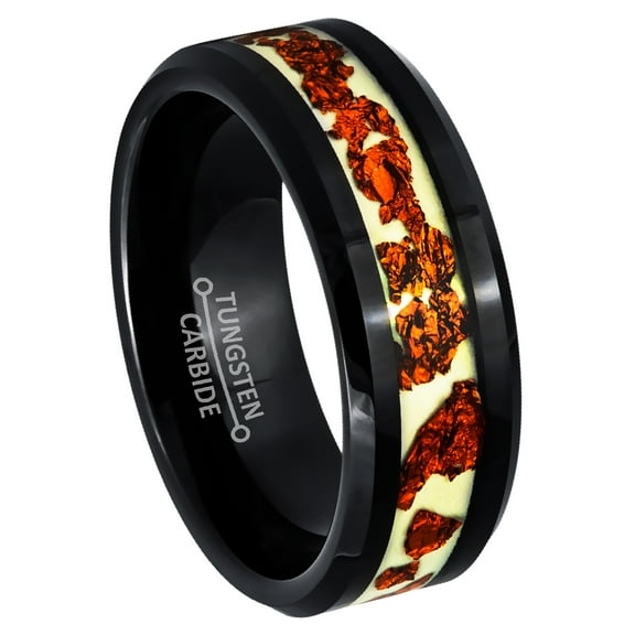 8mm Mens Black Tungsten Wedding Band, Copper Scraps Inlay, Beveled Edge Promise Ring - TN1095WAs10