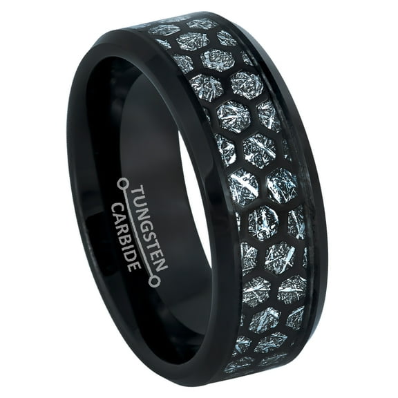 8mm Mens Black Tungsten Wedding Band, Honeycomb Meteorite Inlay, Beveled Edge Ring - TN942WAs10