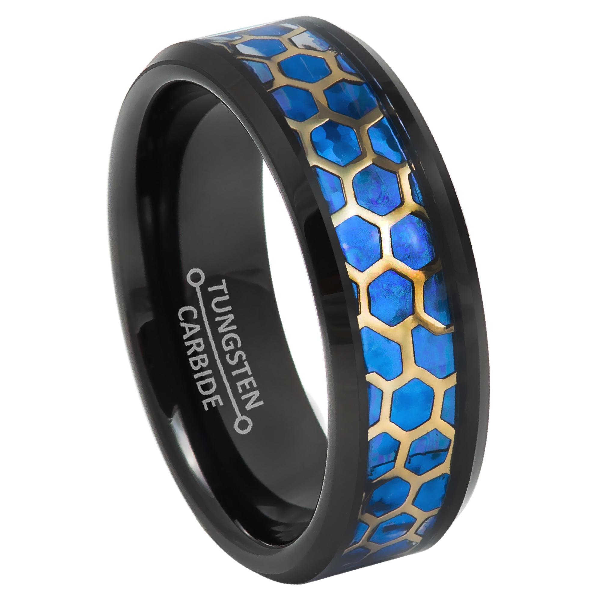 8mm Mens Black Tungsten Wedding Band, Honeycomb Opal Inlay, Beveled Edge Promise Ring ...