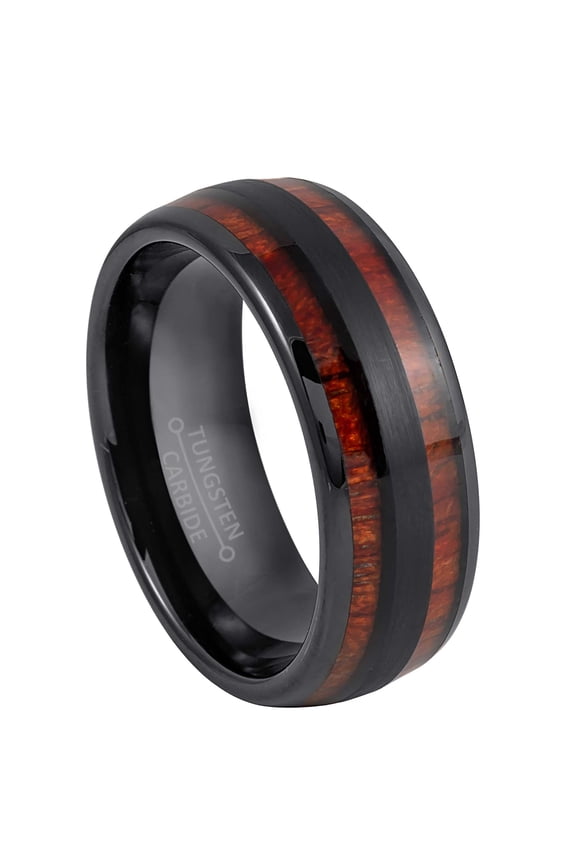 Dome Black Tungsten Mens Wedding Band with Double Koa Wood Inlay, 8mm Anniversary Ring size 10