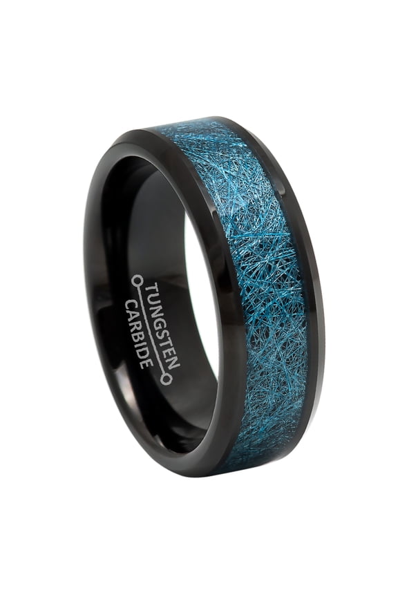 8mm Mens Black Tungsten Wedding Band, Silk Thread Inlay, Beveled Edge Engagement Ring - TN964WAs10