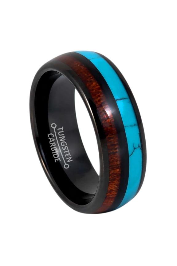 8mm Mens Black Tungsten Wedding Band, Split Wood & Turquoise Inlay Dome Promise Ring - TN1049WAs15