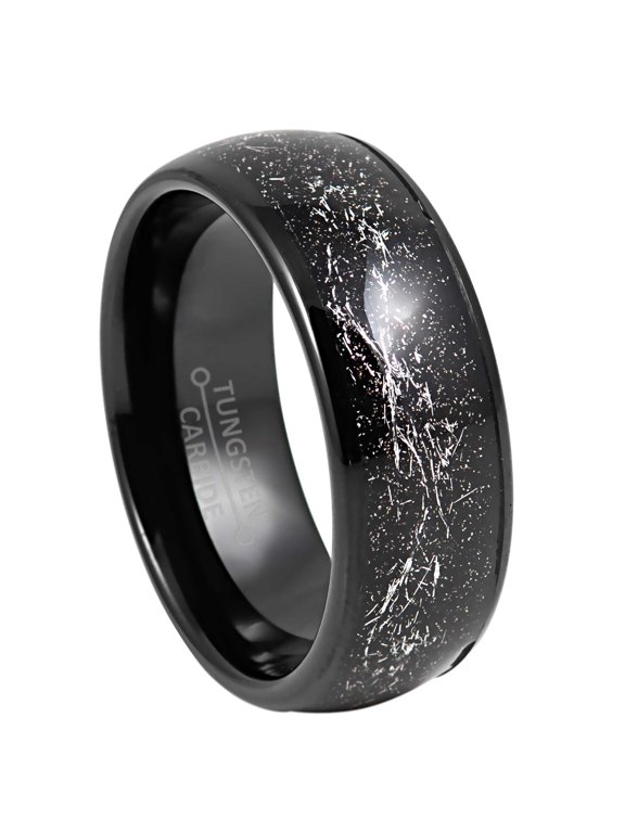 8mm Mens Dome Tungsten Wedding Band Silver Meteorite Inlay, Cosmic Galaxy Ring size 14