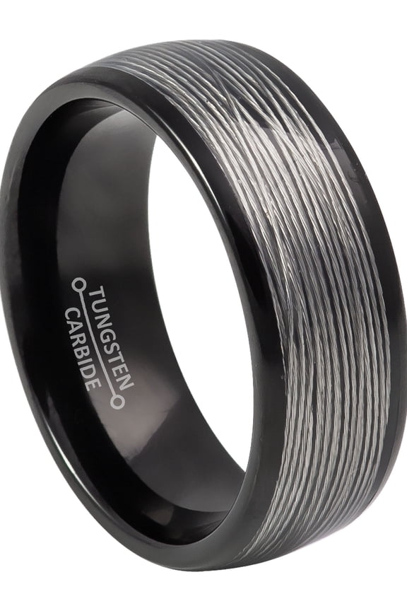 Wire Inlayed Black Dome Tungsten Carbide Wedding Band for Men, 8MM, size 10