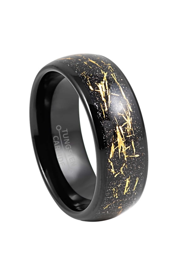 8mm Mens Dome Tungsten Wedding Band Gold-Meteorite Inlay, Cosmic Galaxy Ring size 10.5