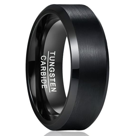 8mm Mens Black Wedding Bands Brushed Finish Tungsten Rings with Beveled Edge Size 10