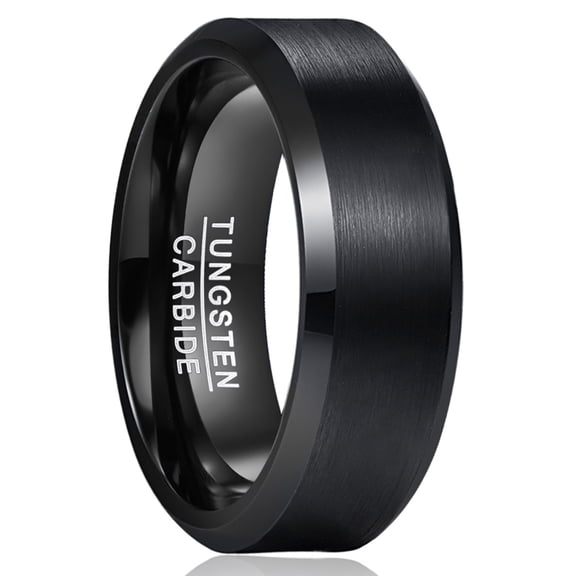 8mm Mens Black Wedding Bands Brushed Finish Tungsten Rings with Beveled Edge Size 8