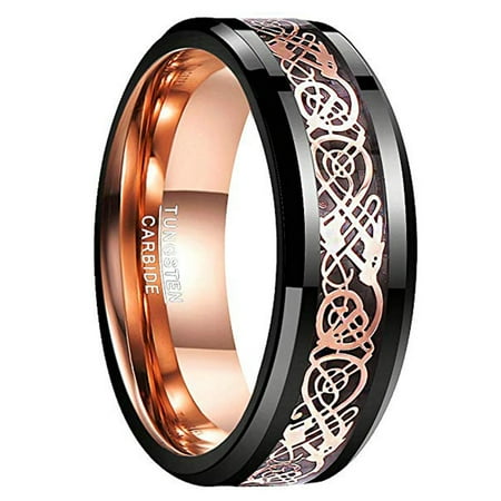 8mm Mens Black and Rose Gold Tungsten Ring Celtic Dragon Wedding Bands Beveled Edge Size 5-15