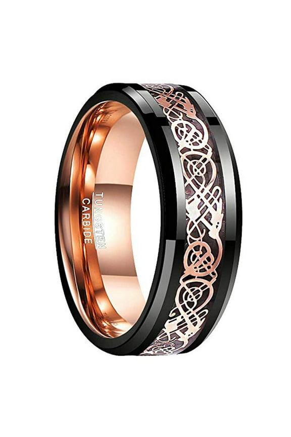 8mm Mens Black and Rose Gold Tungsten Ring Celtic Dragon Wedding Bands Beveled Edge Size 5-15