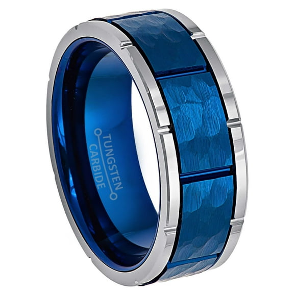 8mm Mens Blue Tungsten Wedding Band, Hammered Finish with Notches, Beveled Edge Ring - TN919WAs10