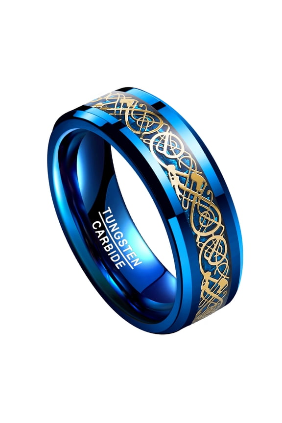 8mm Mens Celtic Dragon Tungsten Ring Blue Gold Wedding Engagement Band Beveled Edge Size 5-14
