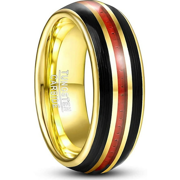 8mm Mens Dome Wedding Bands with Black Guitar String and Red Carbon Fiber Inlay Gold Tungsten Rings