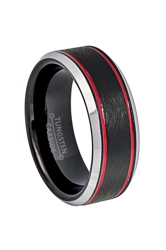 Double Red Grooved Accent Tungsten Wedding Band for Men, Firefigther Ring, 8MM, size 11