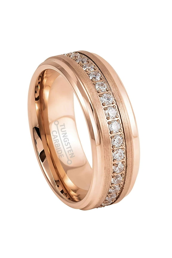 8mm Mens Rose Gold Eternity Tungsten Wedding Band, CZ Stones, Stepped Edge Ring - TN926WAs8