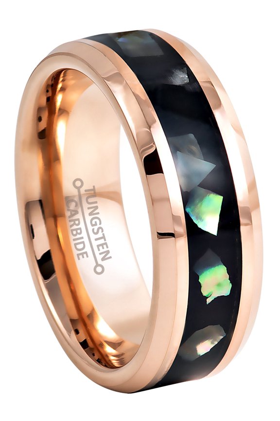 Men's Rose Gold Tungsten Carbide Wedding Band – Abalone Shell Inlay, Beveled Edge, 8mm Comfort Fit Ring size 7.5