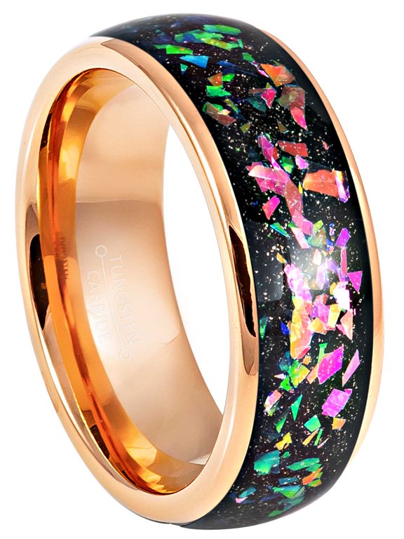 Jewelry Avalance Galaxy Crushed Opal & Abalone Inlay Tungsten Carbide Ring, 8mm Dome Mens Rose Gold Wedding Band size 10.5