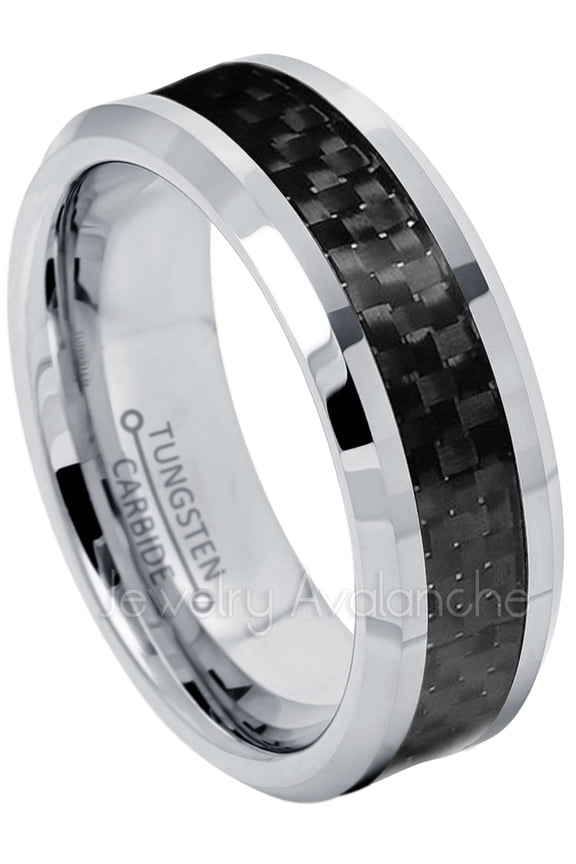 8mm Mens Tungsten Ring - Polished Finish Comfort Fit Beveled Edge Tungsten Wedding Band with Black Carbon Fiber Inlay - TN124s11.5