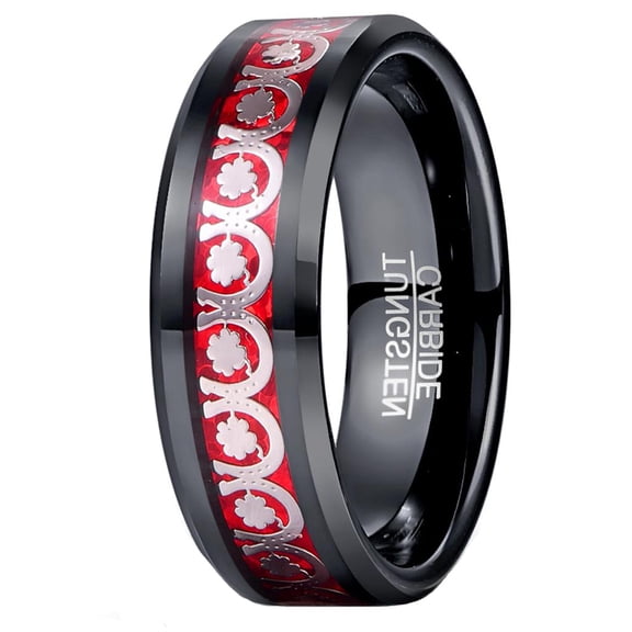 8mm Mens Tungsten Ring with Clover and Horseshoe Pattern Inlaid above Red Background