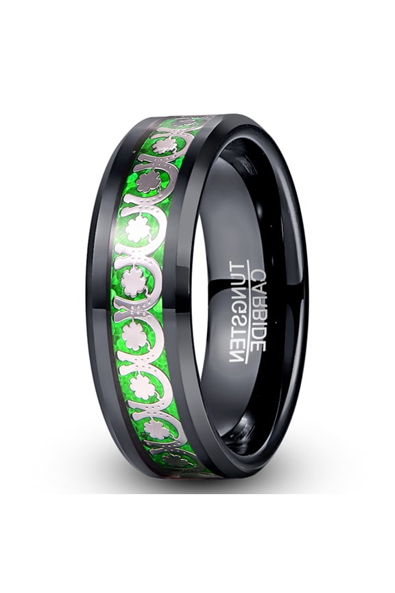 8mm Mens Tungsten Ring with Clover and Horseshoe Pattern Inlaid above Red Background