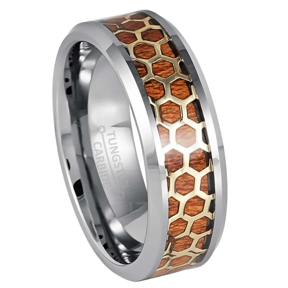 Jewelry Avalance Mens Tungsten Carbide Ring Honeycomb Rosewood Inlay, 8mm Beveled Wedding Band size 9