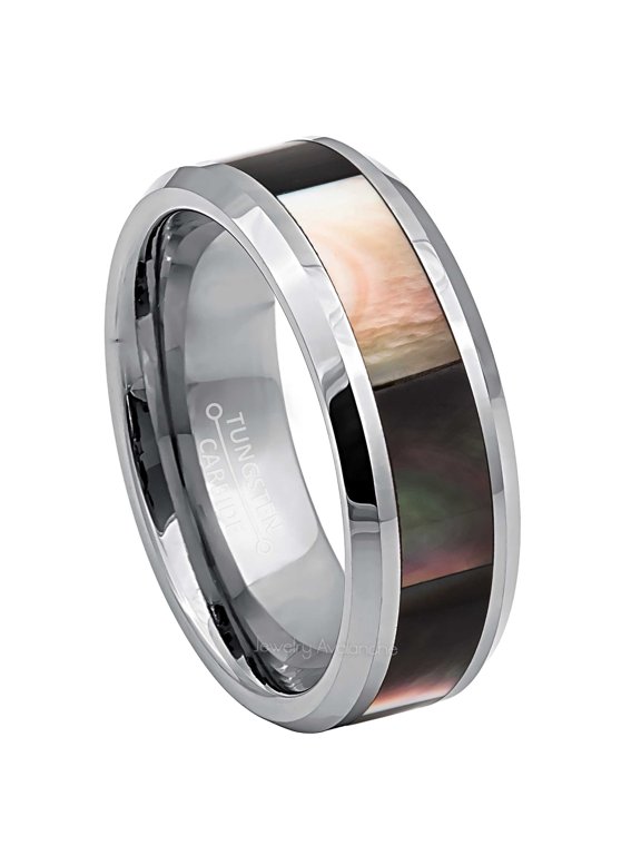 Mother of Pearl Inlay Mens Tungsten Carbide Wedding Band, 8mm, Beveled Edge, size 12.5