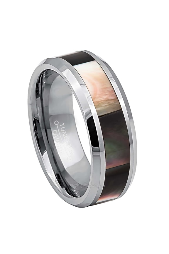 Mother of Pearl Inlay Mens Tungsten Carbide Wedding Band, 8mm, Beveled Edge, size 9