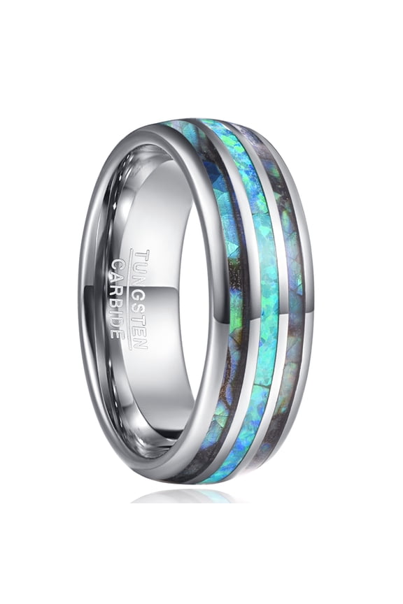 8mm Mens Wedding Band with Abalone Shell and Created-Opal Inlay Dome Tungsten Rings Engagement Ring