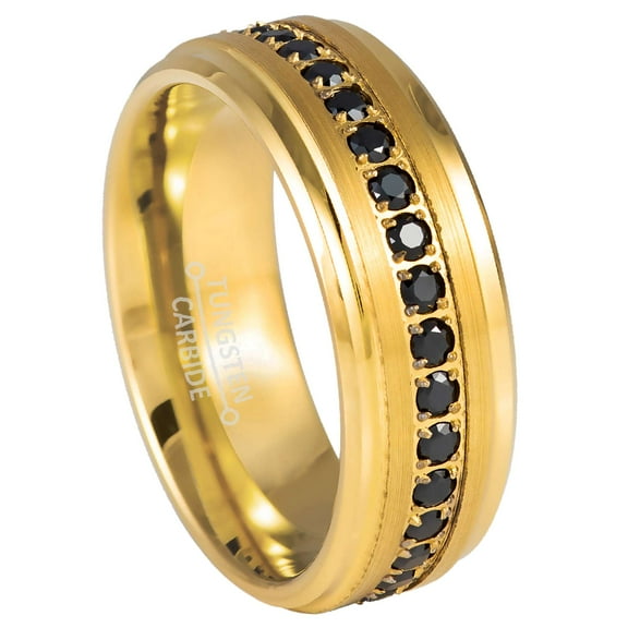 8mm Mens Yellow Gold Tungsten Eternity Wedding Band, CZ Stones, Stepped Edge Ring - TN1081WAs10