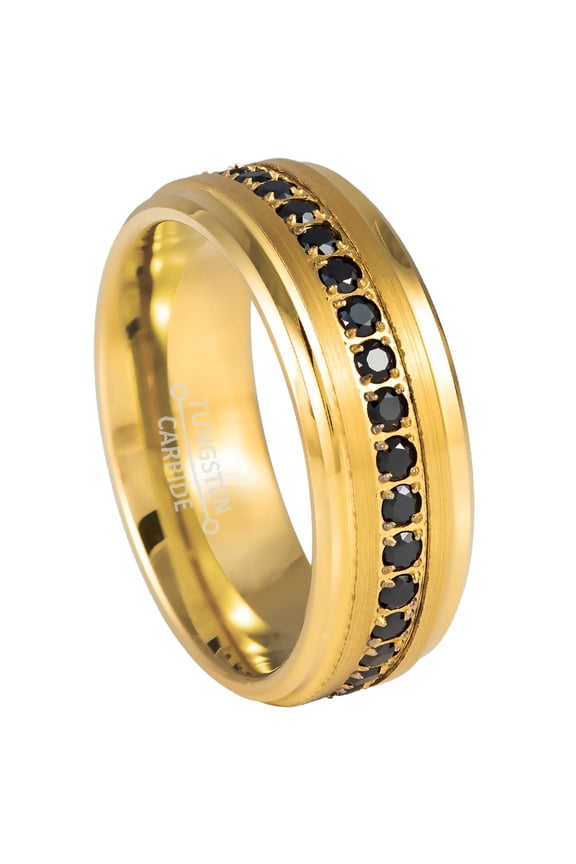 8mm Mens Yellow Gold Tungsten Eternity Wedding Band, CZ Stones, Stepped Edge Ring - TN1081WAs10