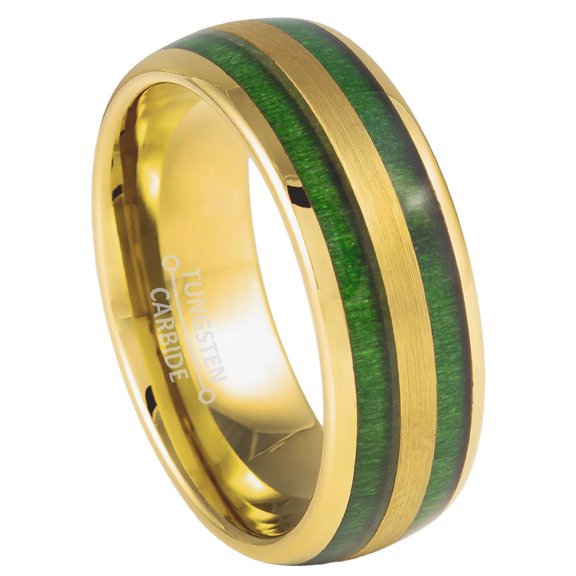 8mm Mens Yellow Gold Tungsten Wedding Band, Green Jade Wood Inlay, Dome Promise Ring - TN1045WAs10