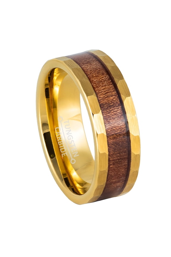 8mm Mens Yellow Gold Tungsten Wedding Band, Hawaiian Wood Inlay Pipe Cut Promise Ring - TN970WAs10