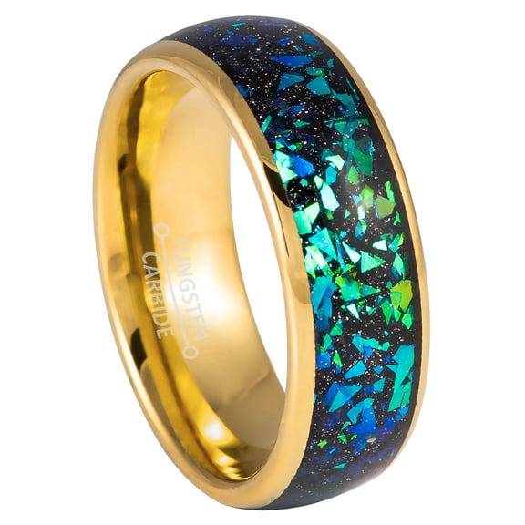 8mm Mens Yellow Tungsten Wedding Band, Green Opal & Abalone Fragment Inlay Dome Ring - TN1056WAs10.5