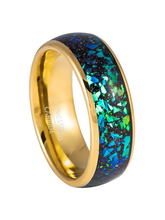 8mm Mens Yellow Tungsten Wedding Band, Green Opal & Abalone Fragment Inlay Dome Ring - TN1056WAs9.5