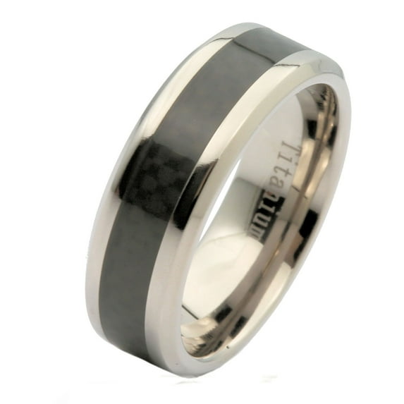 8mm Mirror Polished Titanium Wedding Ring Black Carbon Fiber Inlay
