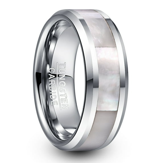 8mm Natural Mother of Pearl Inlay Tungsten Wedding Ring for Women Beveled Edge Size 7-12