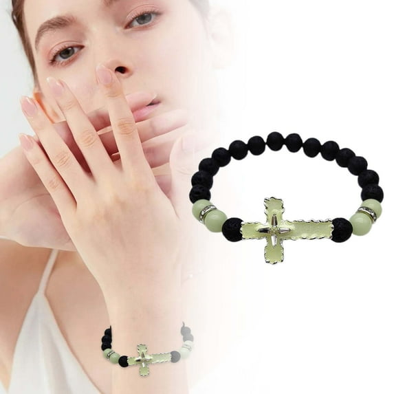 8mm Natural Volcanic Stone Bracelets for Men Women, Luminous Cross Bracelets, Elastic Stretch Beads Bracelet, Bracelet for Women