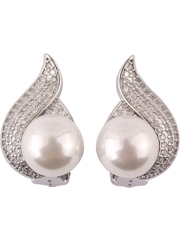 8mm Pearl Cubic Zirconia Clip On Non Pierced Earrings Fashion Water Drop Shape Stud Earrings For Women