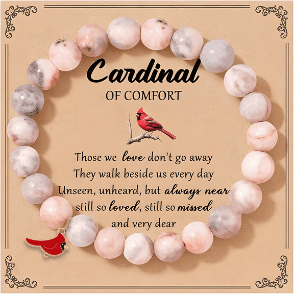 8mm Pink Bracelet With Unique Charm, Great Cardinal Jewelry for Women, Memorial Gift for Lost Loved Ones.