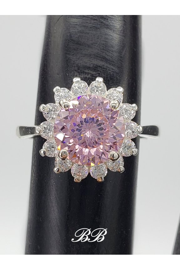 8mm Pink Portuguese Cut Cubic Zirconia, Halo Ring, 5A Quality CZ, Sterling Silver