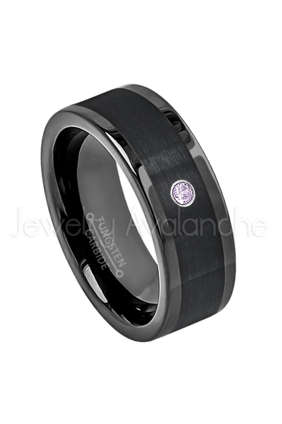 8mm Pipe Cut Black Tungsten Carbide Wedding Ring- 0.07ct Amethyst Tungsten Mens Wedding Band - Custom Made Birthstone Ring