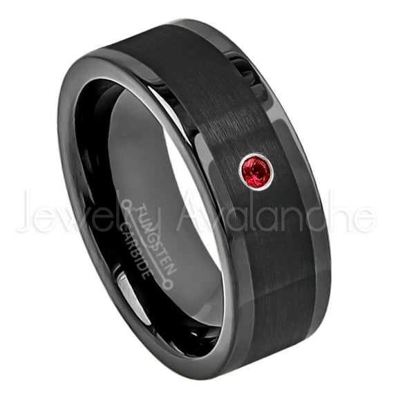 8mm Pipe Cut Black Tungsten Carbide Wedding Ring- 0.07ct Garnet Tungsten Mens Wedding Band - Custom Made Birthstone Ring