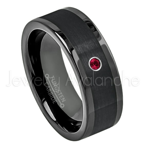 8mm Pipe Cut Black Tungsten Carbide Wedding Ring- 0.07ct Ruby Tungsten Mens Wedding Band - Custom Made Birthstone Ring