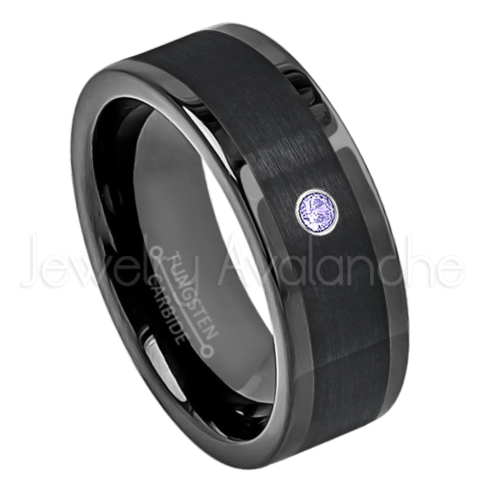 8mm Pipe Cut Black Tungsten Carbide Wedding Ring- 0.07ct Tanzanite Tungsten Mens Wedding Band ...