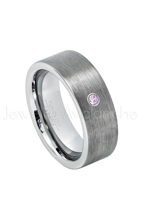 8mm Pipe Cut Tungsten Wedding Band - 0.07ct Solitaire Amethyst Ring - Personalized Tungsten Wedding Ring - Custom Made February Birthstone Ring TN669BS