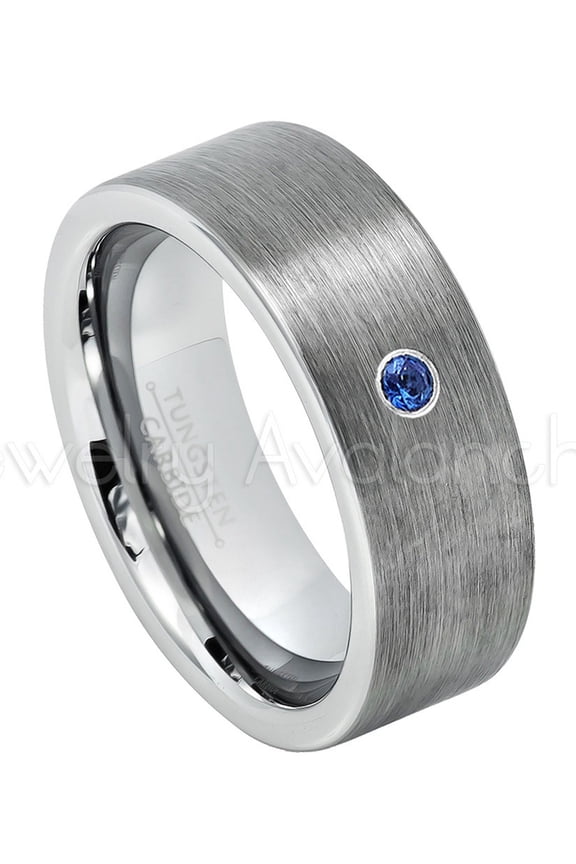 8mm Pipe Cut Tungsten Wedding Band - 0.07ct Solitaire Blue Sapphire Ring - Personalized Tungsten Wedding Ring - Custom Made September Birthstone Ring TN669BS
