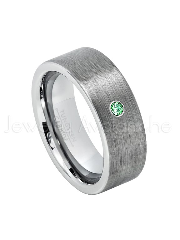 8mm Pipe Cut Tungsten Wedding Band - 0.07ct Solitaire Emerald Ring - Personalized Tungsten Wedding Ring - Custom Made May Birthstone Ring TN669BS